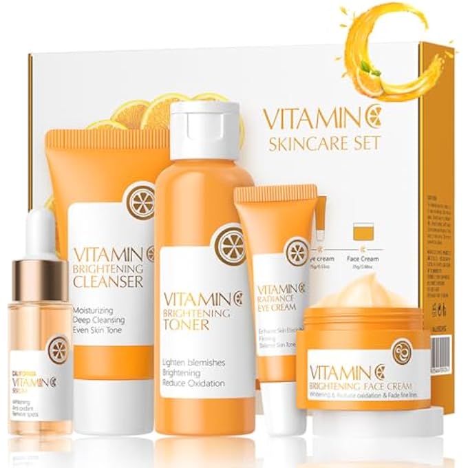 5 PIECE VITAMIN C SKINCARE SET, MOISTURIZING FACE SKIN CARE KIT WITH FACIAL CLEANSER, FACE SERUM, FACE CREAM, EYE CREAM, TONER FOR HYDRATING SKIN, ANTI-AGING SKINCARE GIFT SET FOR TEENAGE GIRLS